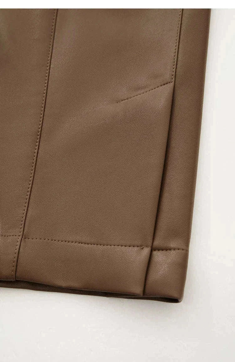Women's Loose PU Leather Straight Leg Pants with Side Slit Floor Length-Camel Pants / S