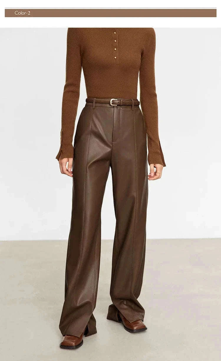 Women's Loose PU Leather Straight Leg Pants with Side Slit Floor Length-Camel Pants / S
