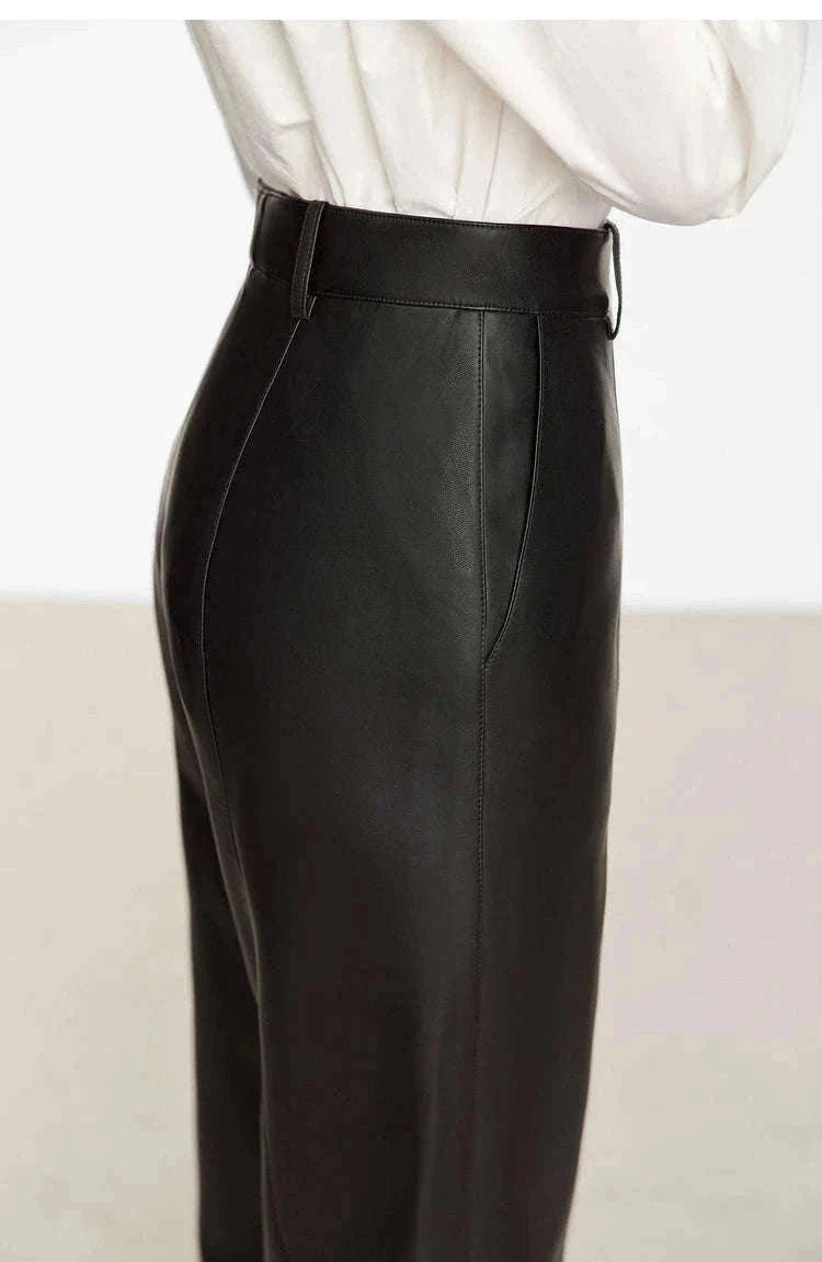 Women's Loose PU Leather Straight Leg Pants with Side Slit Floor Length-Camel Pants / S
