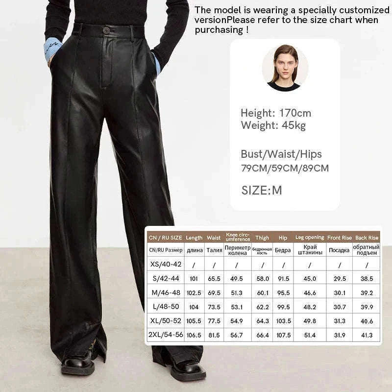 Women's Loose PU Leather Straight Leg Pants with Side Slit Floor Length-Camel Pants / S