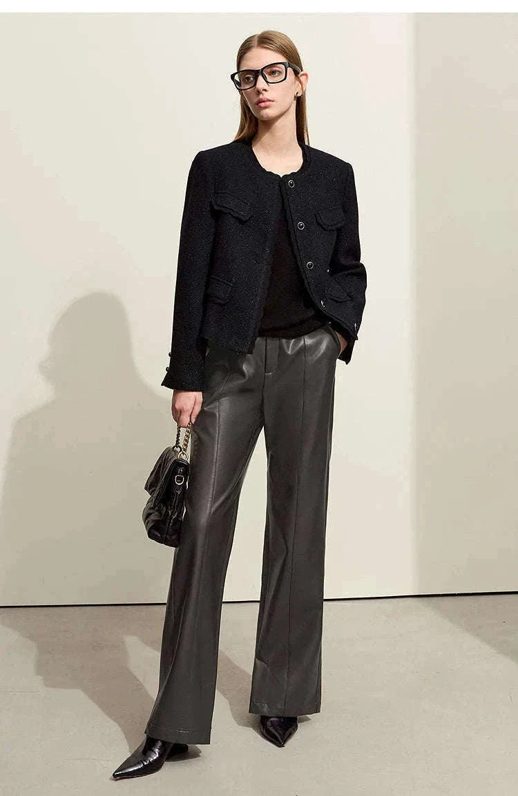 Women's Loose PU Leather Straight Leg Pants with Side Slit Floor Length-Camel Pants / S