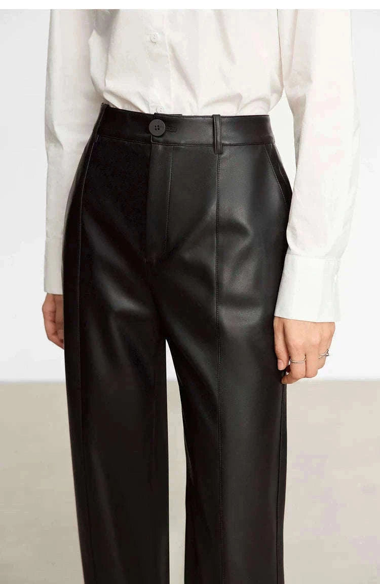 Women's Loose PU Leather Straight Leg Pants with Side Slit Floor Length-Camel Pants / S