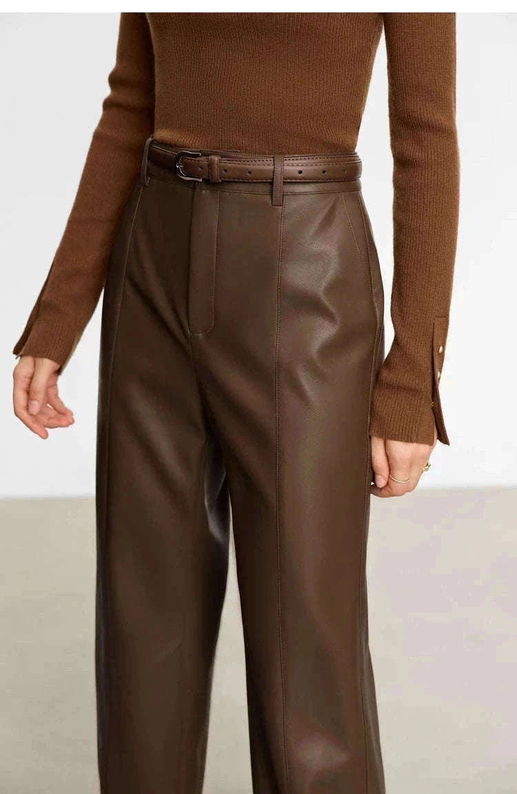 Women's Loose PU Leather Straight Leg Pants with Side Slit Floor Length-Camel Pants / S