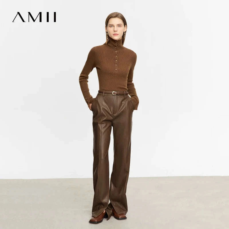 Women's Loose PU Leather Straight Leg Pants with Side Slit Floor Length-Camel Pants / S