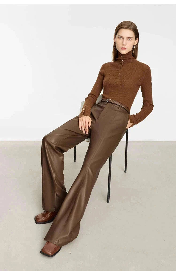 Women's Loose PU Leather Straight Leg Pants with Side Slit Floor Length-Camel Pants / S