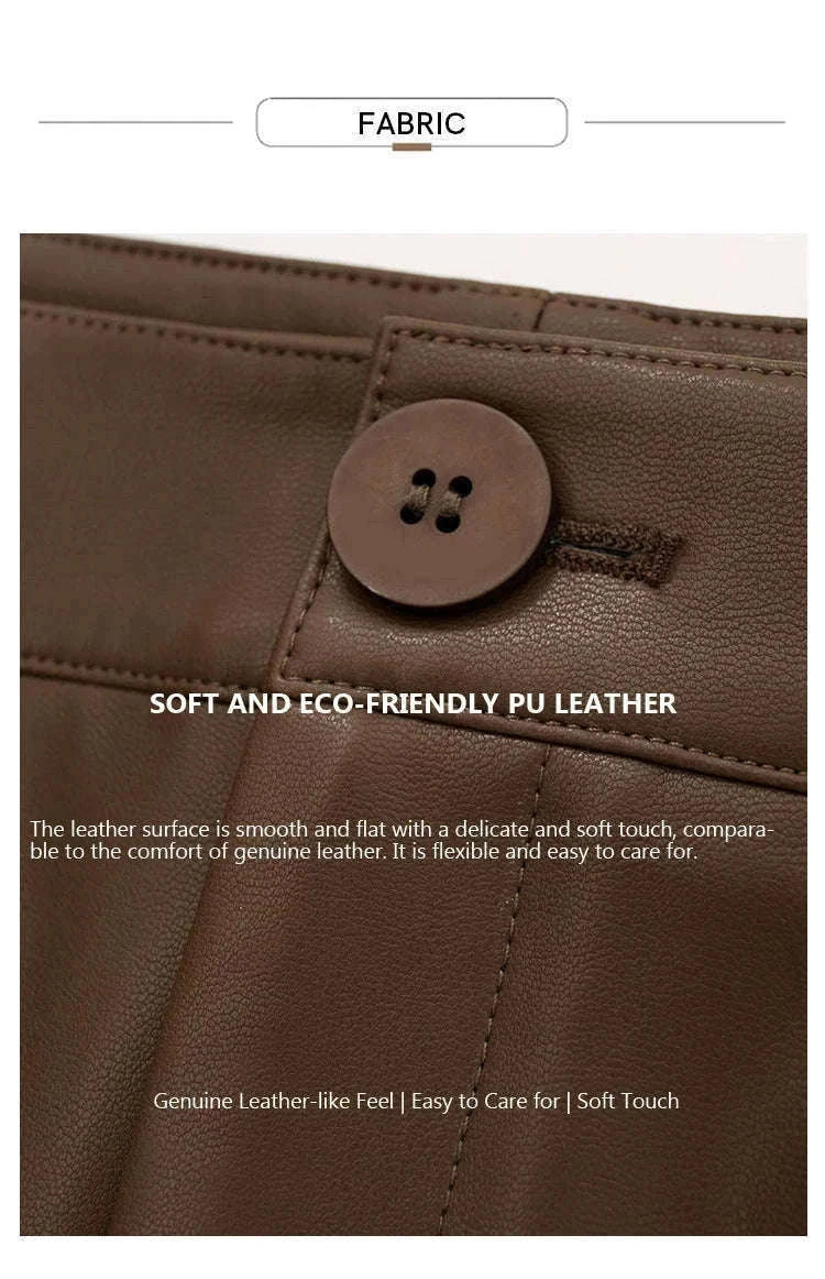Women's Loose PU Leather Straight Leg Pants with Side Slit Floor Length-Camel Pants / S