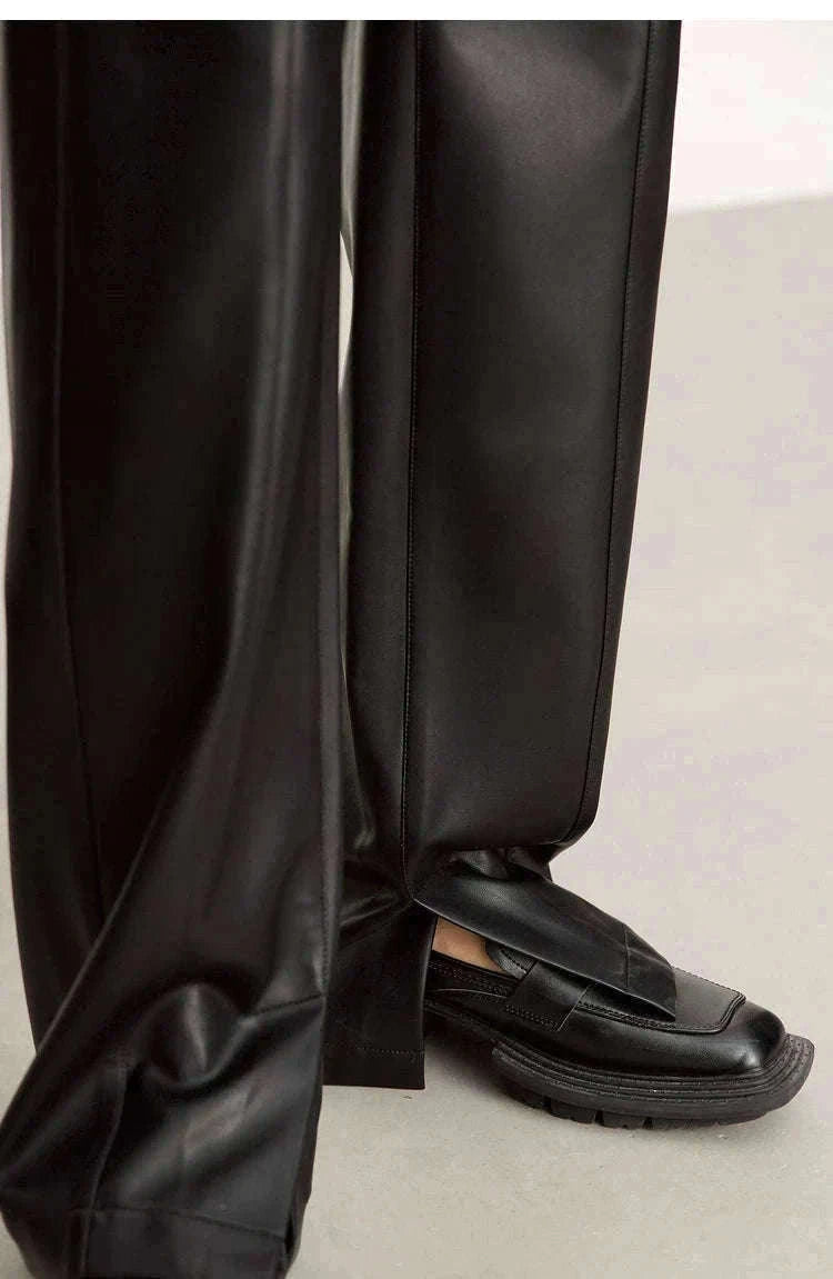 Women's Loose PU Leather Straight Leg Pants with Side Slit Floor Length-Camel Pants / S