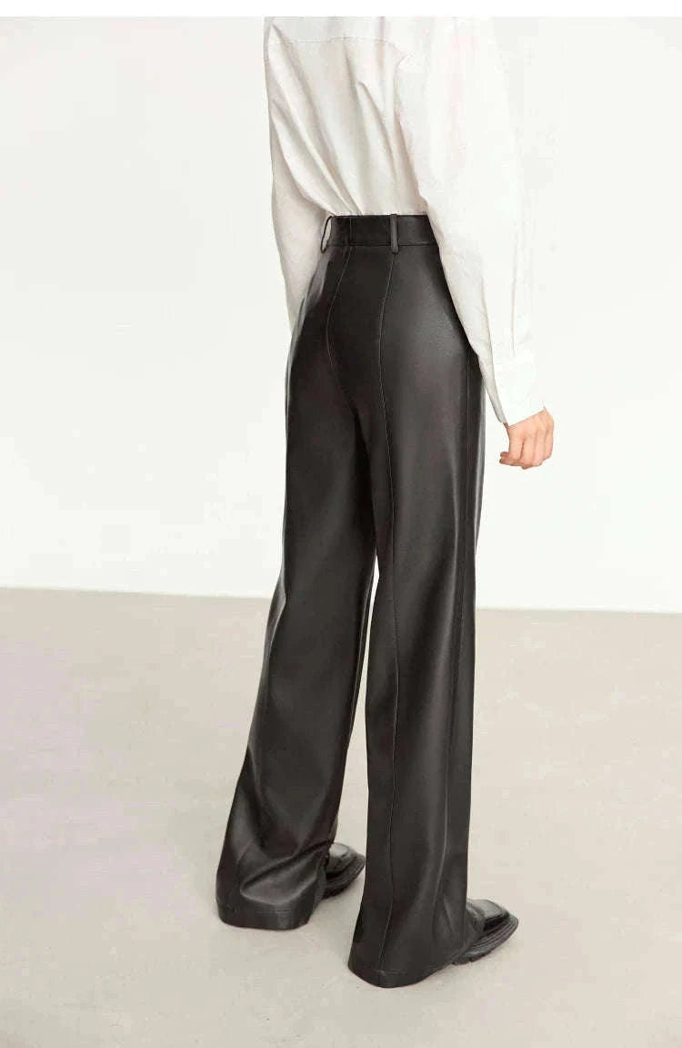 Women's Loose PU Leather Straight Leg Pants with Side Slit Floor Length-Camel Pants / S