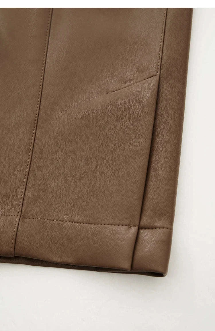 Women's Loose PU Leather Straight Leg Pants with Side Slit Floor Length-Camel Pants / S
