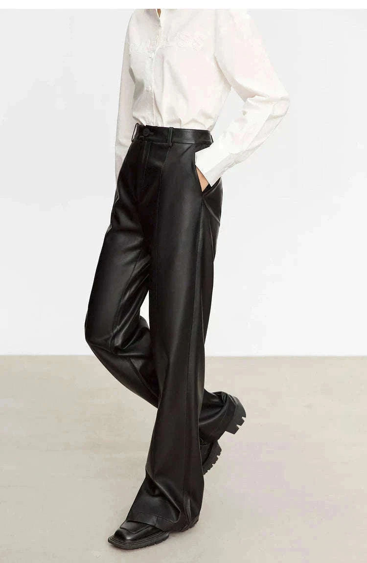 Women's Loose PU Leather Straight Leg Pants with Side Slit Floor Length-Camel Pants / S