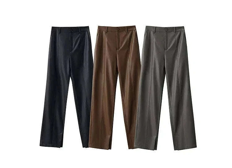 Women's Loose PU Leather Straight Leg Pants with Side Slit Floor Length-Camel Pants / S