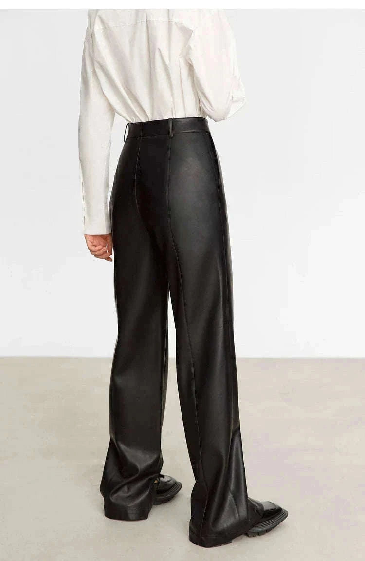 Women's Loose PU Leather Straight Leg Pants with Side Slit Floor Length-Camel Pants / S