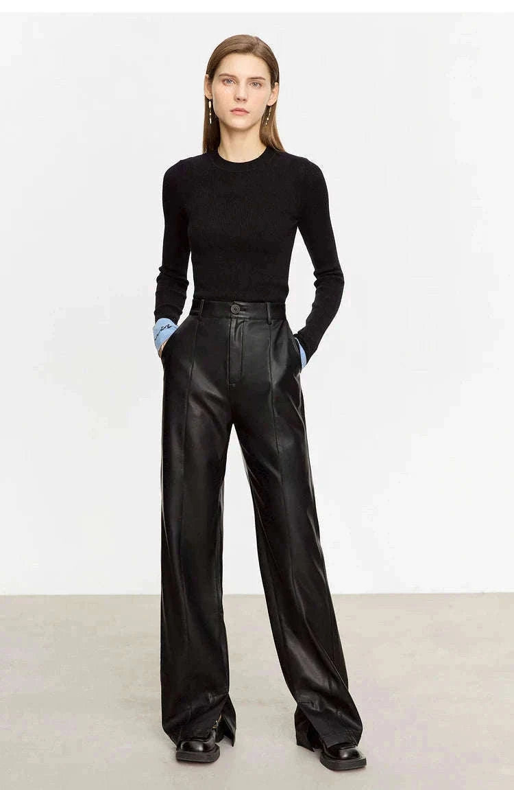 Women's Loose PU Leather Straight Leg Pants with Side Slit Floor Length-Camel Pants / S