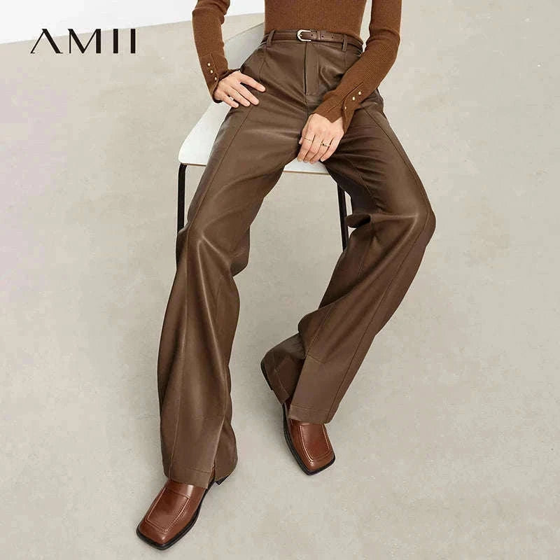 Women's Loose PU Leather Straight Leg Pants with Side Slit Floor Length-Camel Pants / S