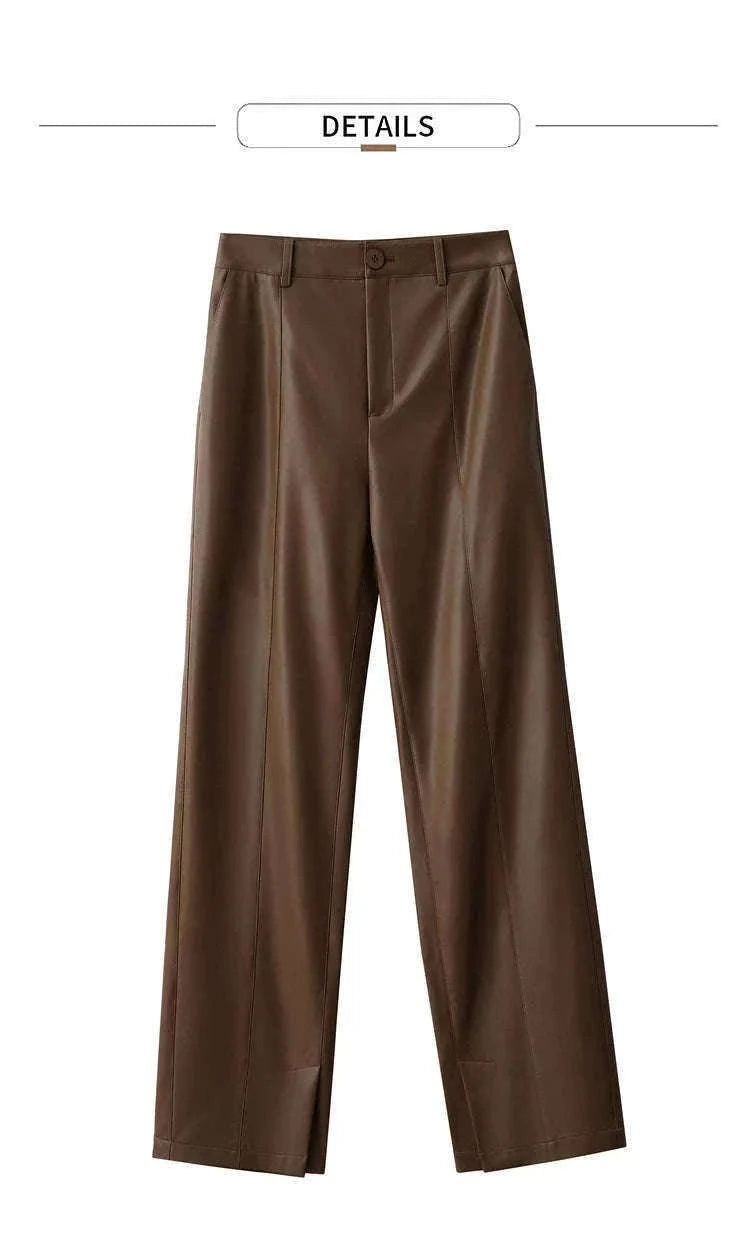 Women's Loose PU Leather Straight Leg Pants with Side Slit Floor Length-Camel Pants / S