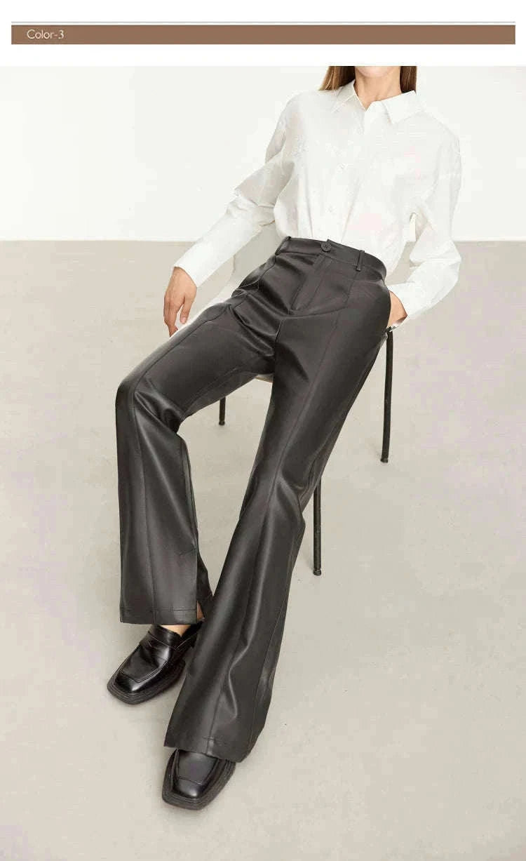 Women's Loose PU Leather Straight Leg Pants with Side Slit Floor Length-Camel Pants / S