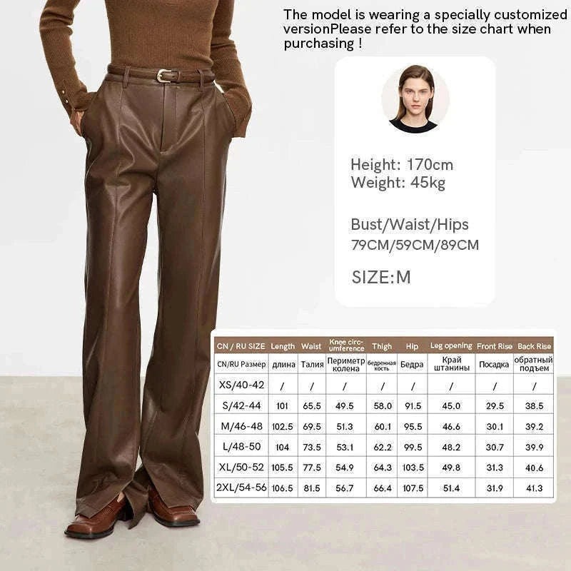 Women's Loose PU Leather Straight Leg Pants with Side Slit Floor Length-Camel Pants / S