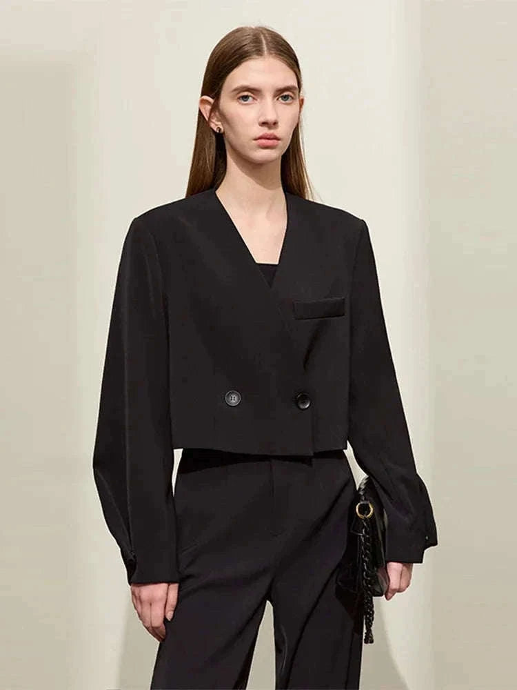 Women’s Loose V-Neck Blazer and Wide Leg Pants Suit Set-Black pants / XL