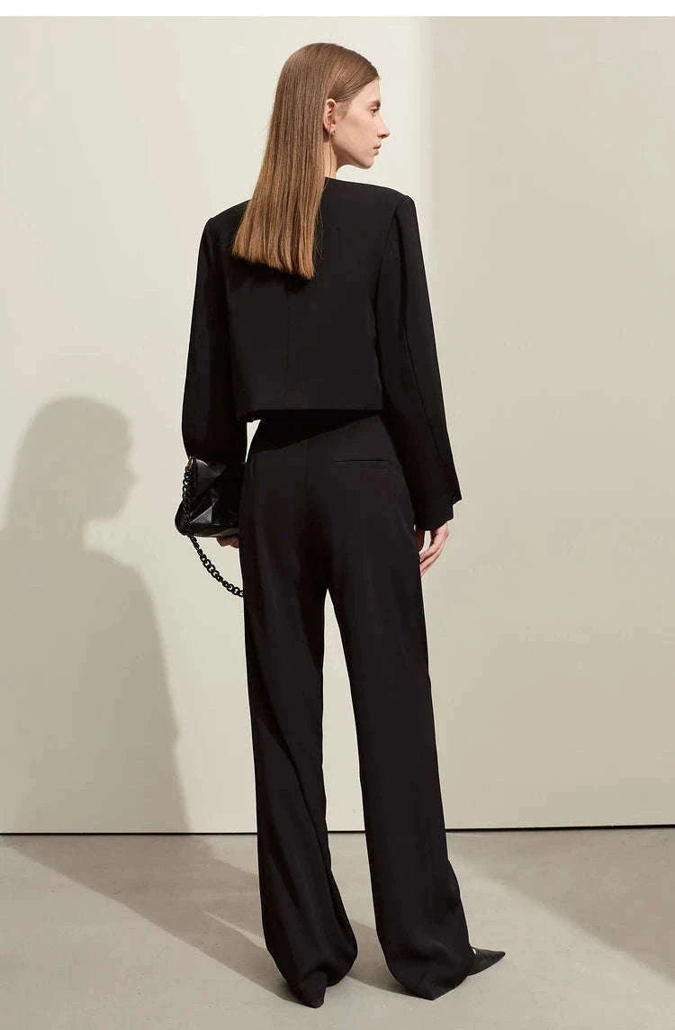 Women’s Loose V-Neck Blazer and Wide Leg Pants Suit Set-Black pants / XL