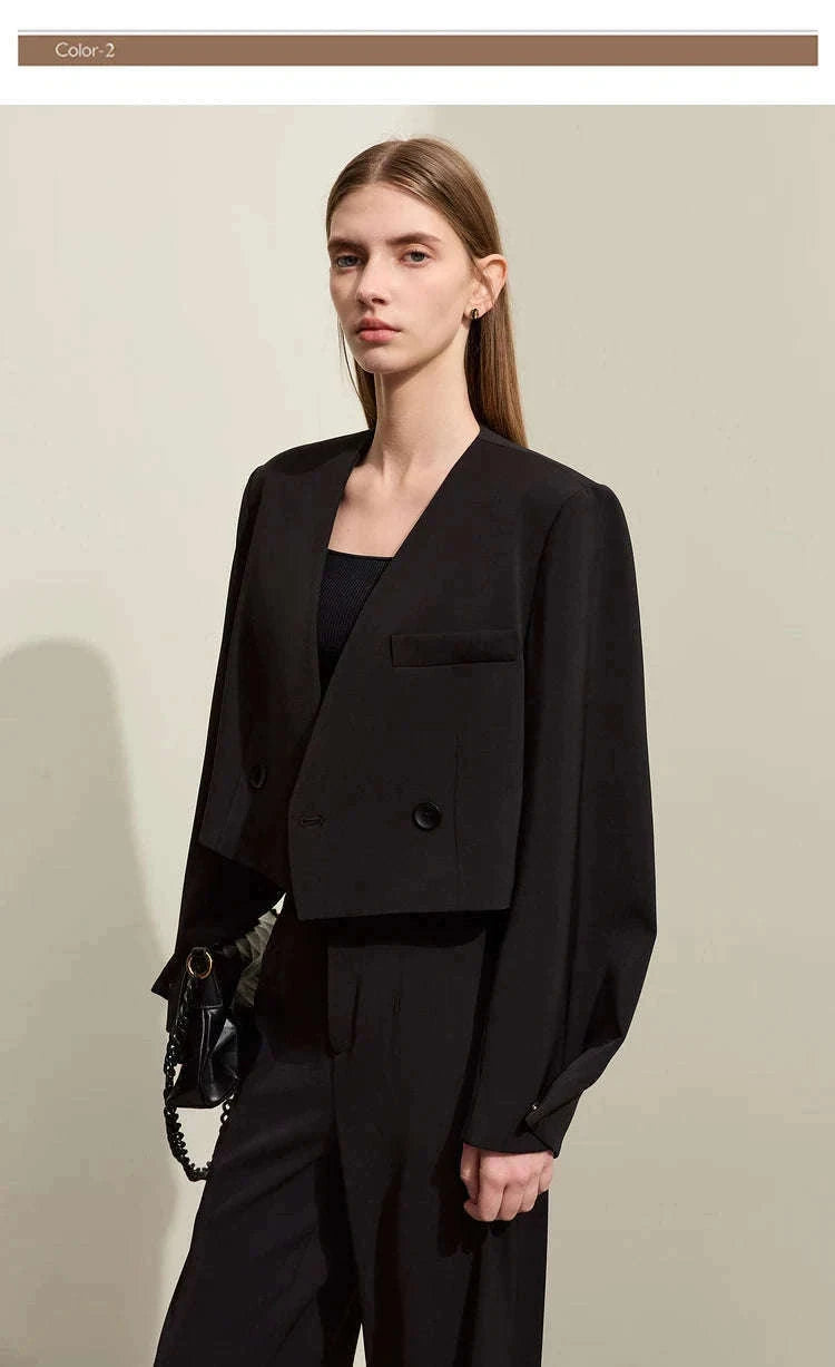 Women’s Loose V-Neck Blazer and Wide Leg Pants Suit Set-Black pants / XL
