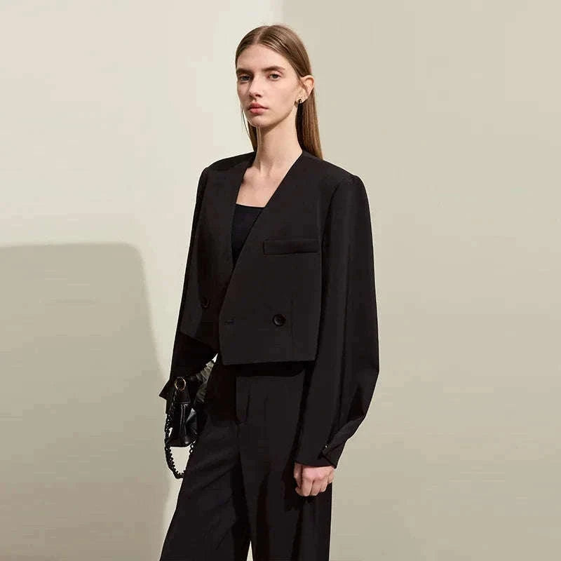 Women’s Loose V-Neck Blazer and Wide Leg Pants Suit Set-Black pants / XL