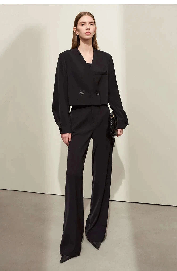 Women’s Loose V-Neck Blazer and Wide Leg Pants Suit Set-Black pants / XL