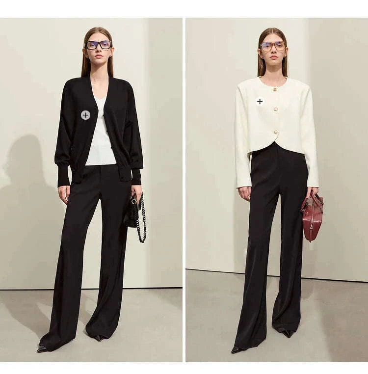 Women’s Loose V-Neck Blazer and Wide Leg Pants Suit Set-Black pants / XL