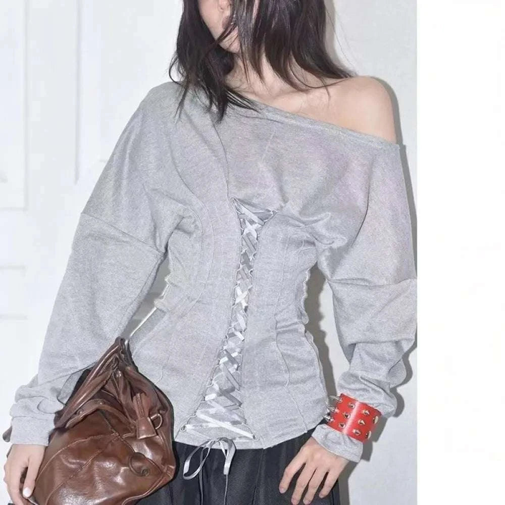 Women’s Off Shoulder Drawstring Top with Full Sleeves Casual Fit-GRAY / L
