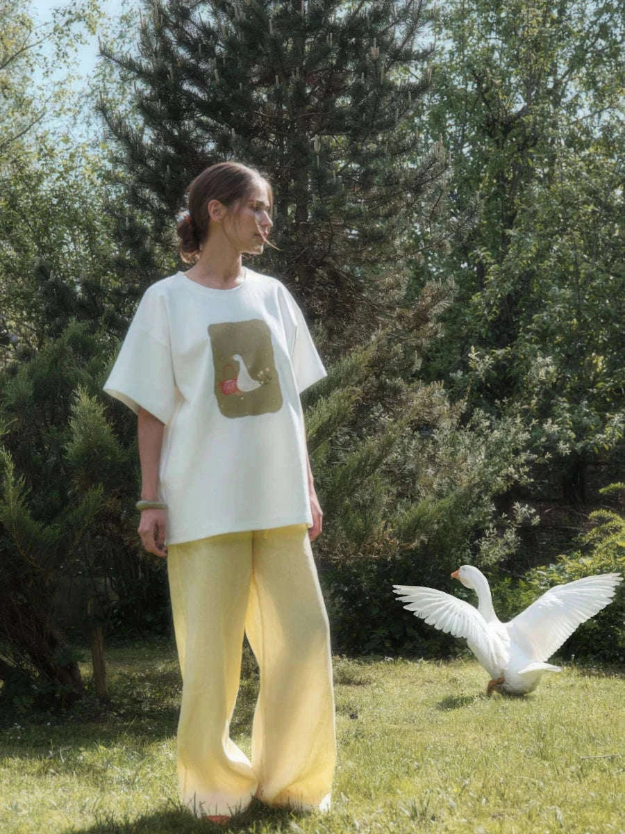Women's Oversized Geometric Print Cotton T-Shirt Casual Loose Fit-White / M