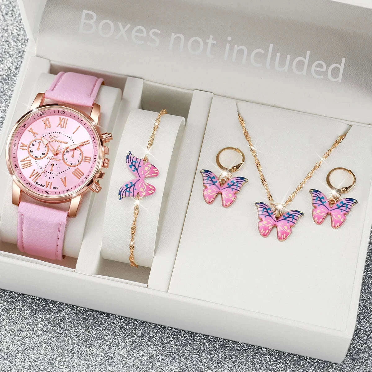 Women's Quartz Watch Set with Leather Band and Heart Jewelry-G Without Box