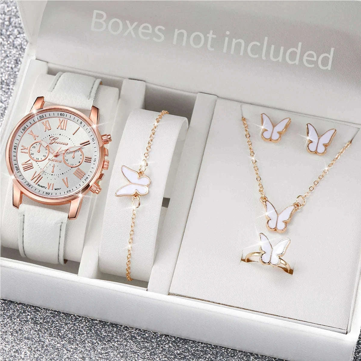 Women's Quartz Watch Set with Leather Band and Heart Jewelry-G Without Box