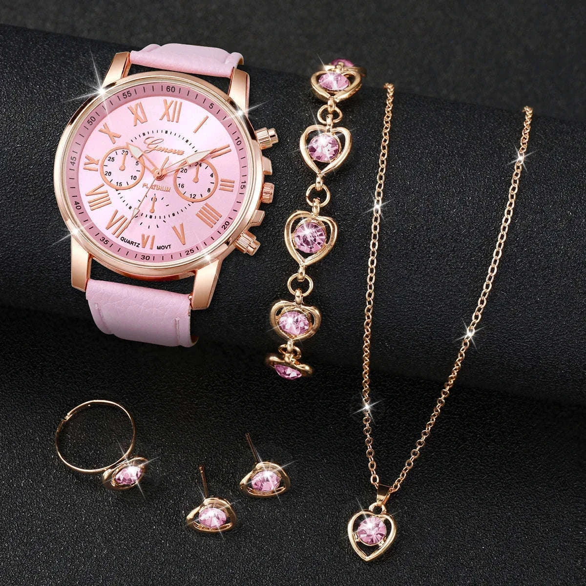 Women's Quartz Watch Set with Leather Band and Heart Jewelry-G Without Box