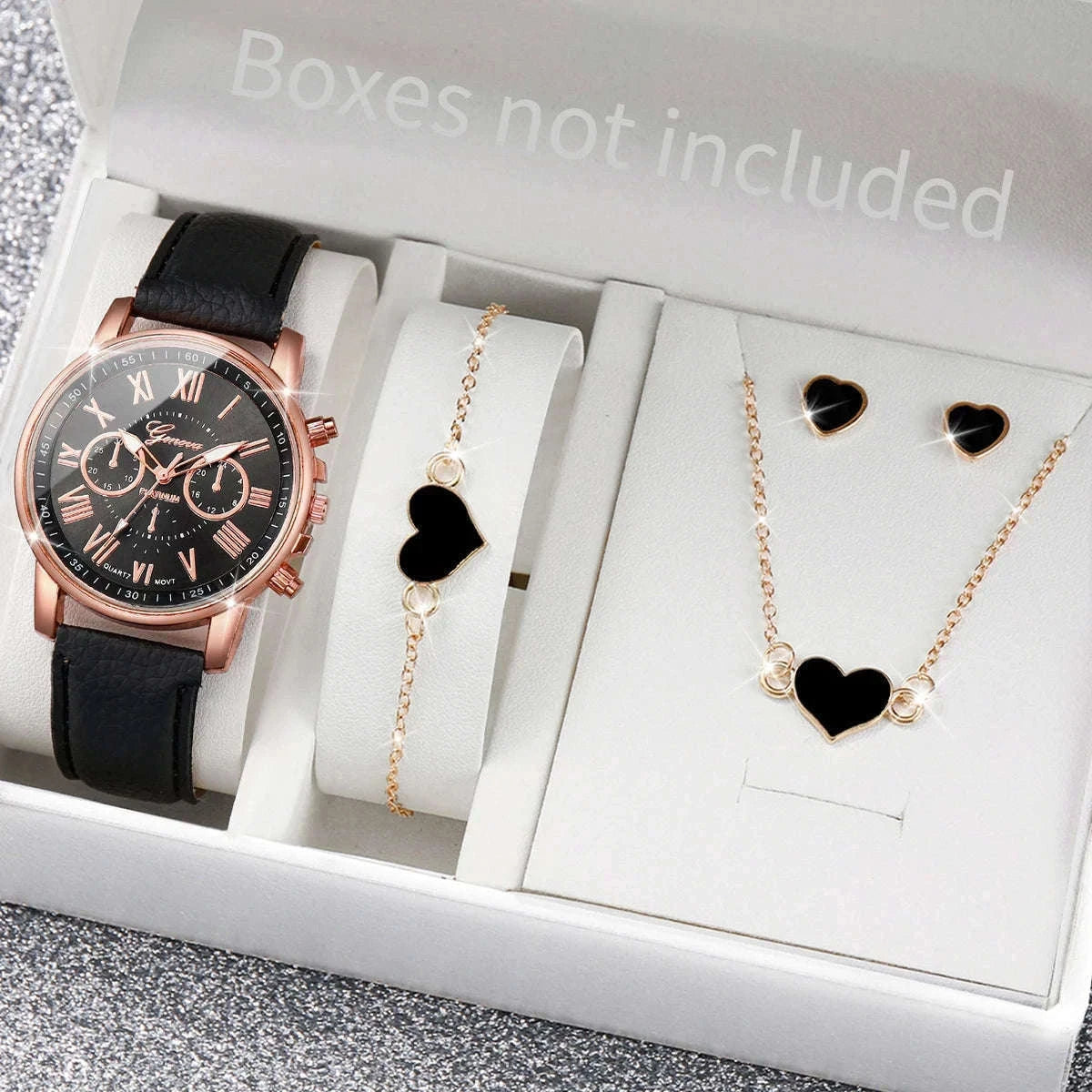 Women's Quartz Watch Set with Leather Band and Heart Jewelry-G Without Box