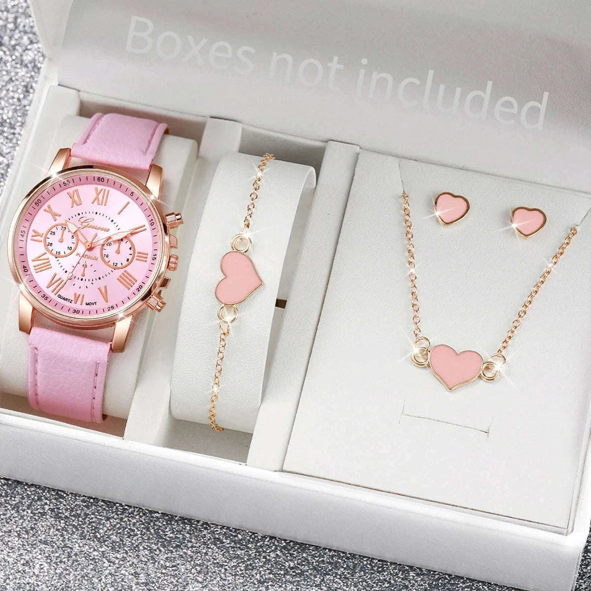 Women's Quartz Watch Set with Leather Band and Heart Jewelry-G Without Box