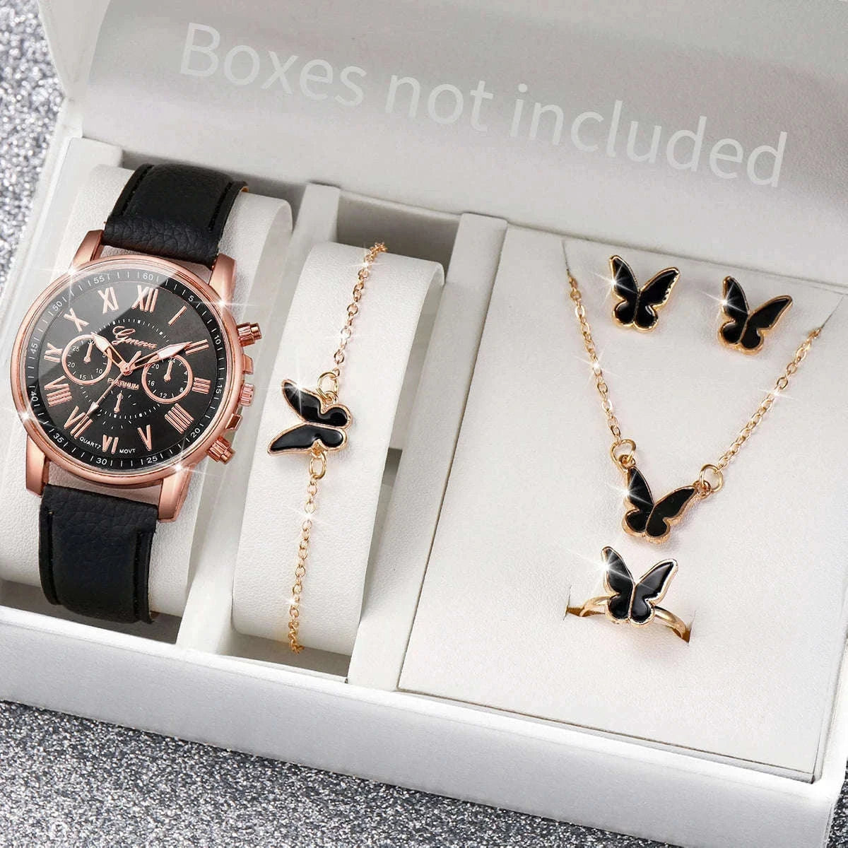 Women's Quartz Watch Set with Leather Band and Heart Jewelry-G Without Box