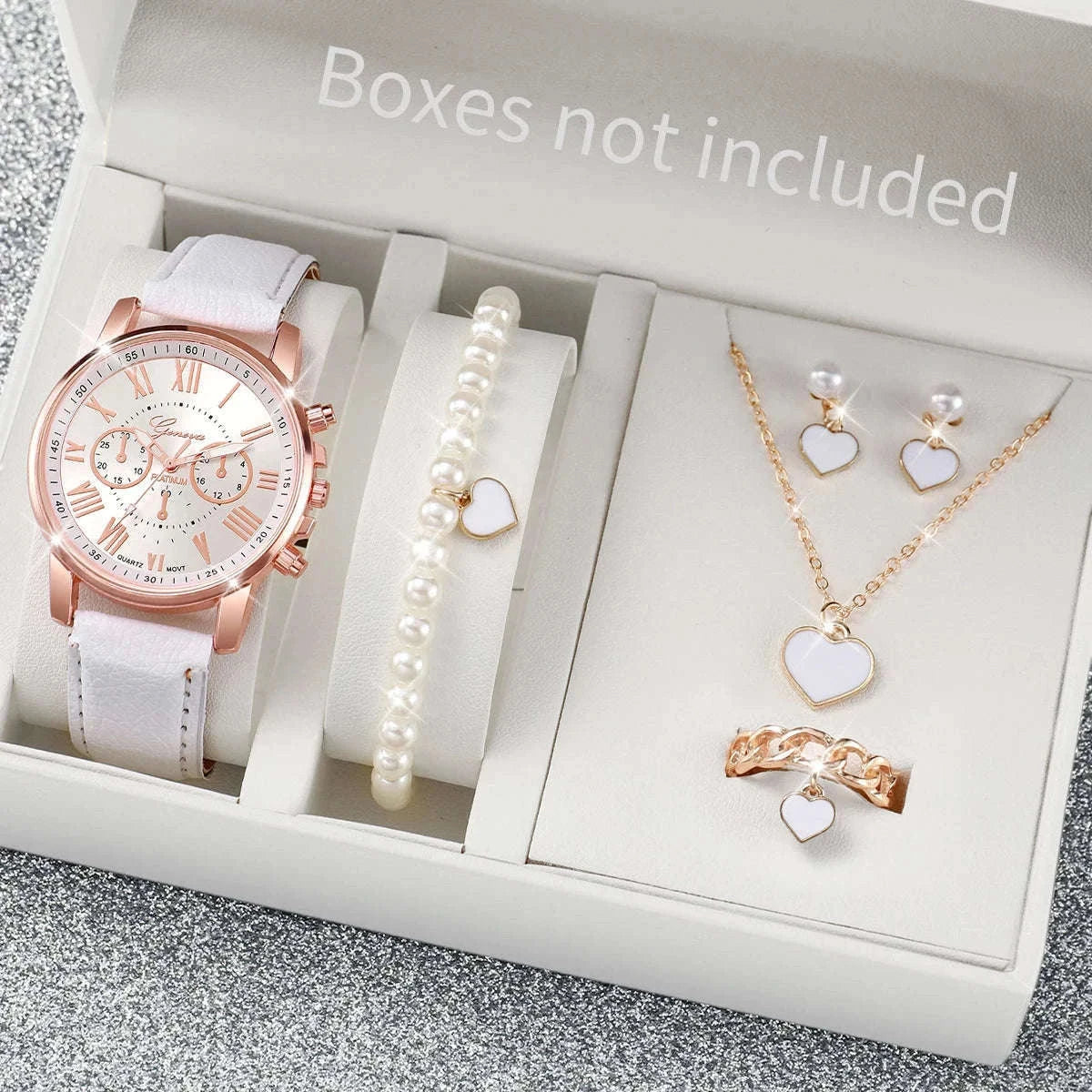 Women's Quartz Watch Set with Leather Band and Heart Jewelry-G Without Box