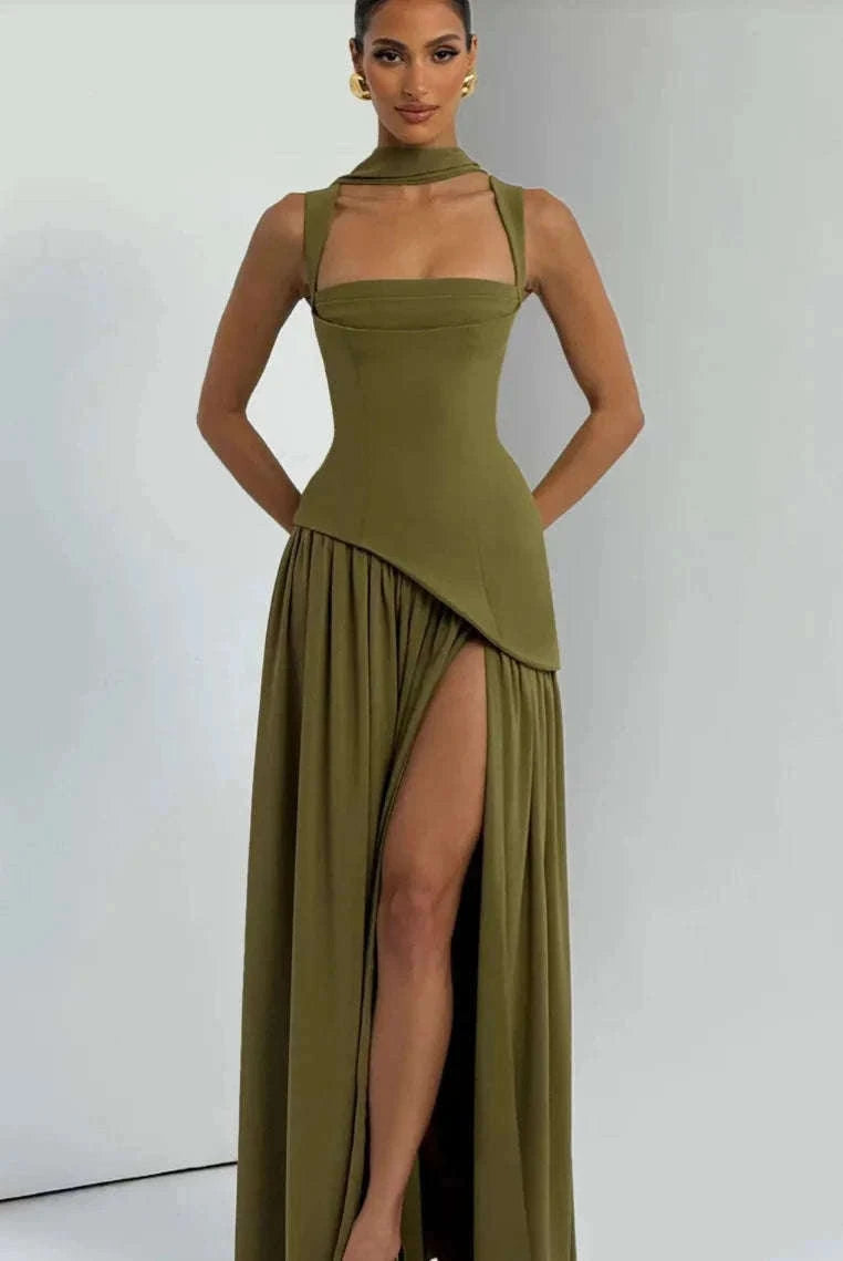 Women's Ruched Maxi Dress with Scarf, Spaghetti Strap Slit-Army Green / S