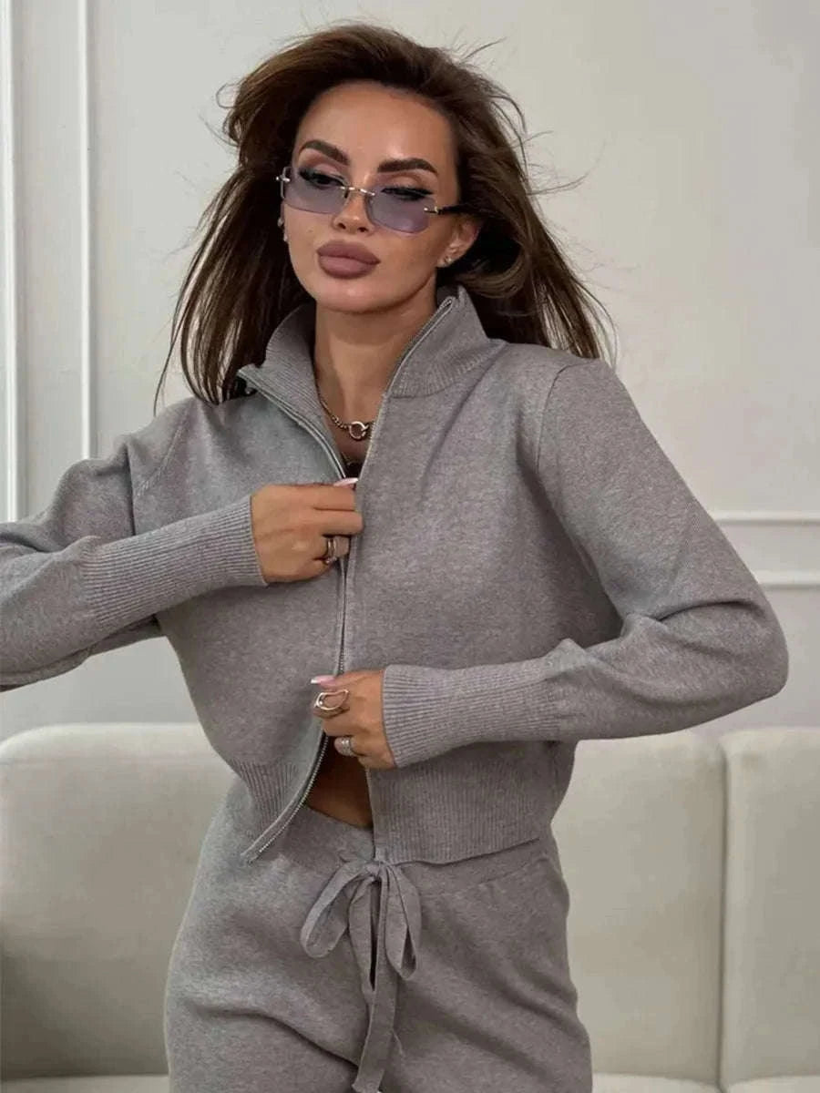 Women's Slim Fit Knit Sweater Set with Zip Cardigan & Wide Leg Pants-Light Coffee / L