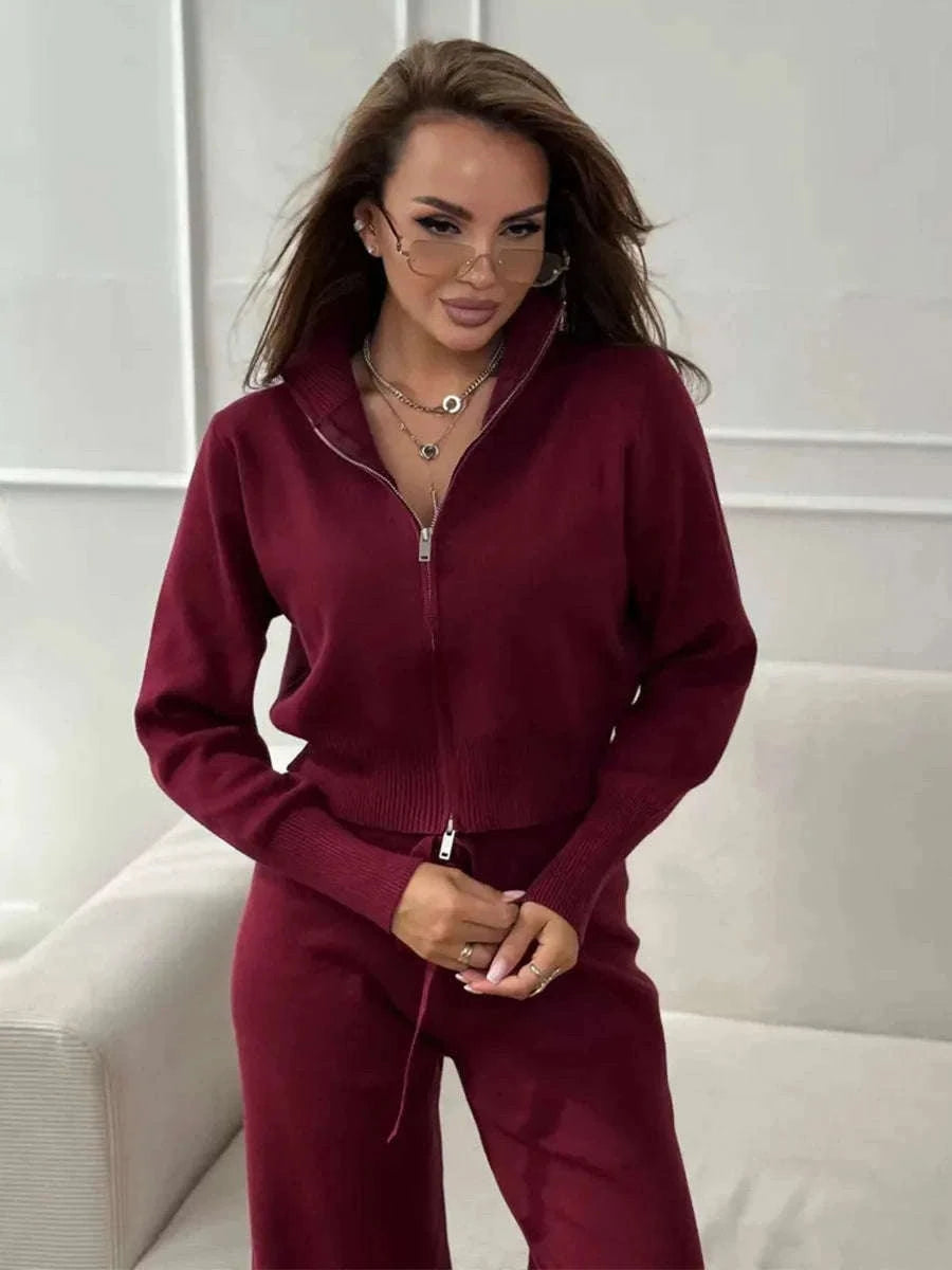 Women's Slim Fit Knit Sweater Set with Zip Cardigan & Wide Leg Pants-Light Coffee / L