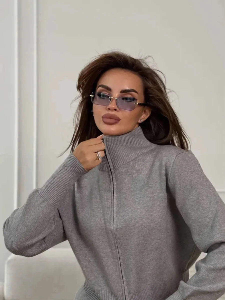 Women's Slim Fit Knit Sweater Set with Zip Cardigan & Wide Leg Pants-Light Coffee / L