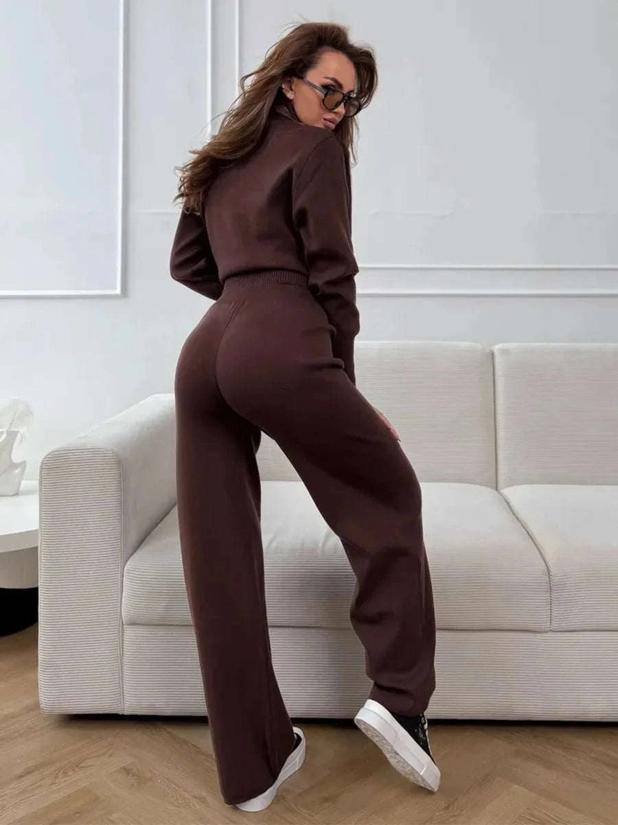 Women's Slim Fit Knit Sweater Set with Zip Cardigan & Wide Leg Pants-Light Coffee / L