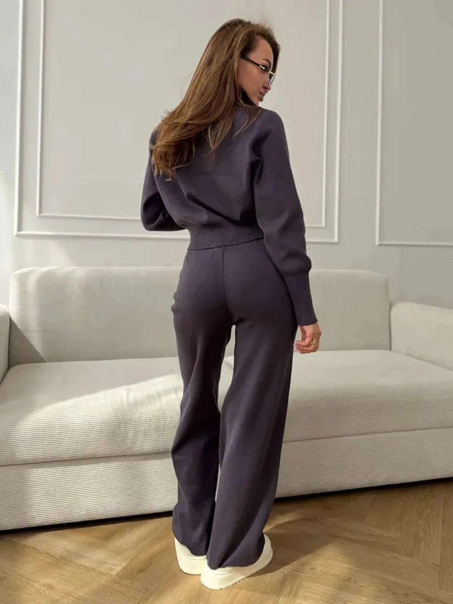 Women's Slim Fit Knit Sweater Set with Zip Cardigan & Wide Leg Pants-Light Coffee / L