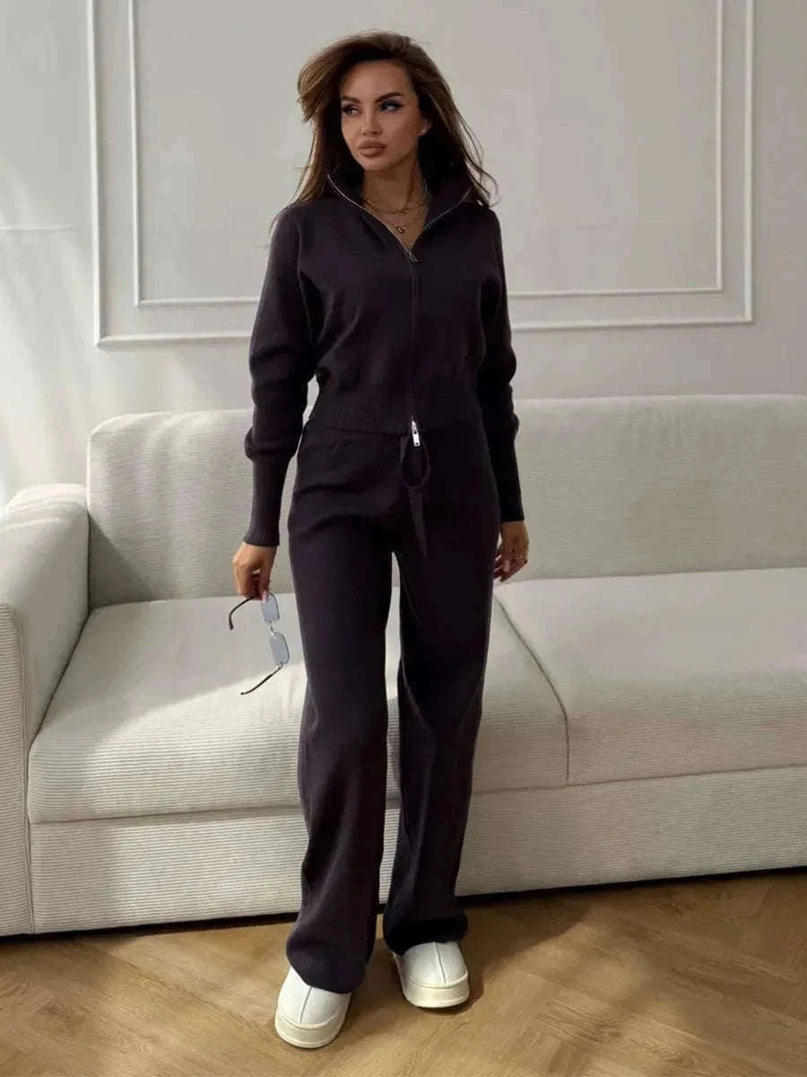 Women's Slim Fit Knit Sweater Set with Zip Cardigan & Wide Leg Pants-Light Coffee / L