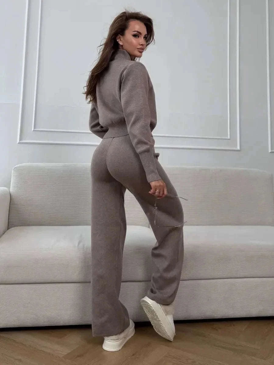 Women's Slim Fit Knit Sweater Set with Zip Cardigan & Wide Leg Pants-Light Coffee / L
