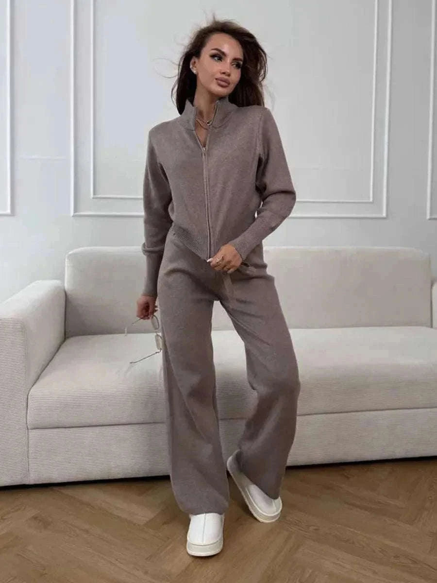 Women's Slim Fit Knit Sweater Set with Zip Cardigan & Wide Leg Pants-Light Coffee / L