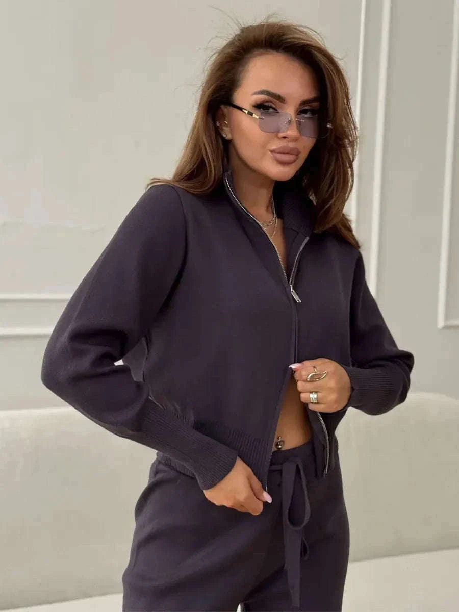 Women's Slim Fit Knit Sweater Set with Zip Cardigan & Wide Leg Pants-Light Coffee / L