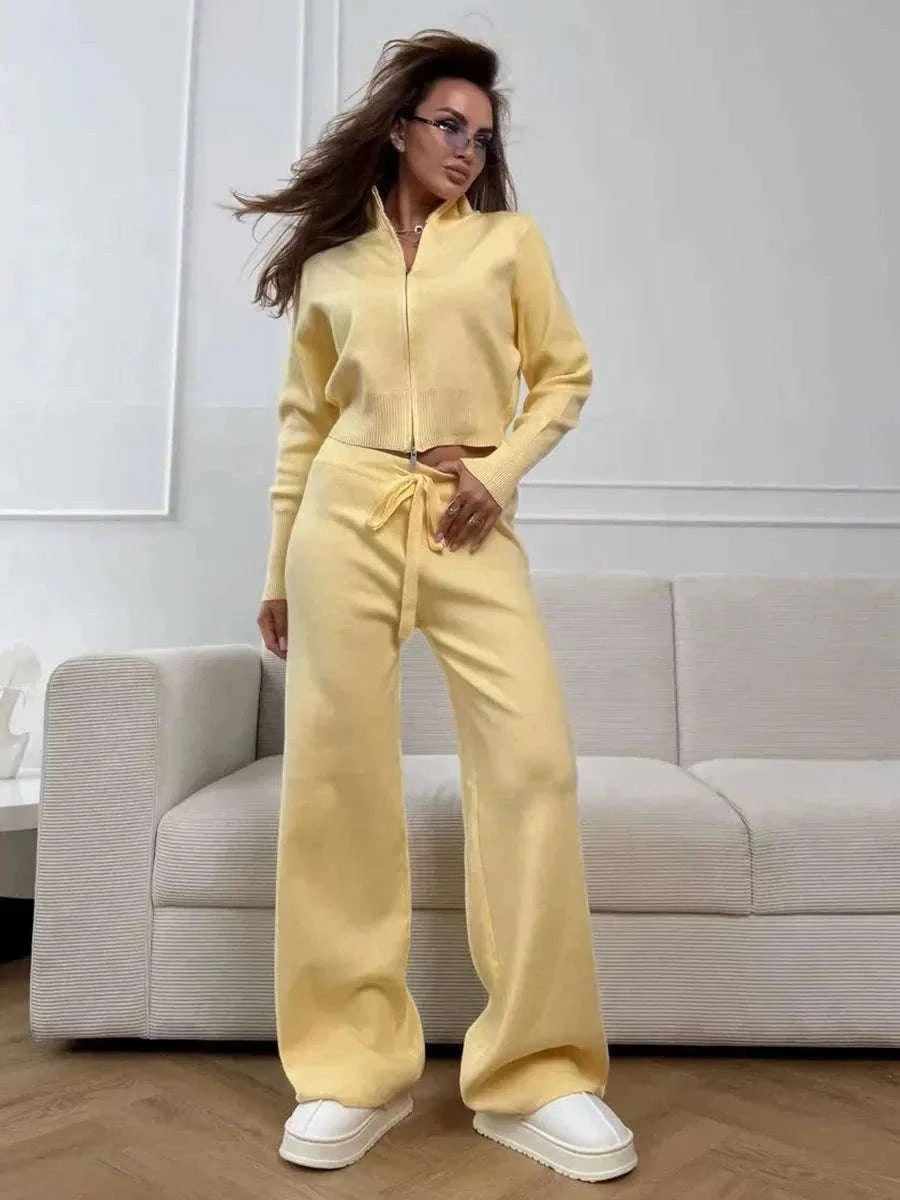 Women's Slim Fit Knit Sweater Set with Zip Cardigan & Wide Leg Pants-Light Coffee / L