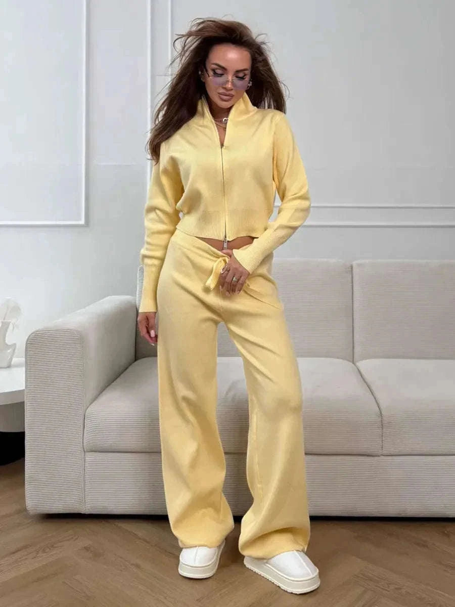 Women's Slim Fit Knit Sweater Set with Zip Cardigan & Wide Leg Pants-Light Coffee / L