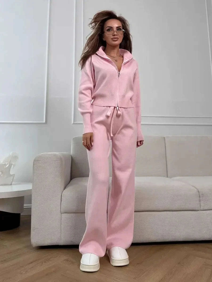 Women's Slim Fit Knit Sweater Set with Zip Cardigan & Wide Leg Pants-Light Coffee / L