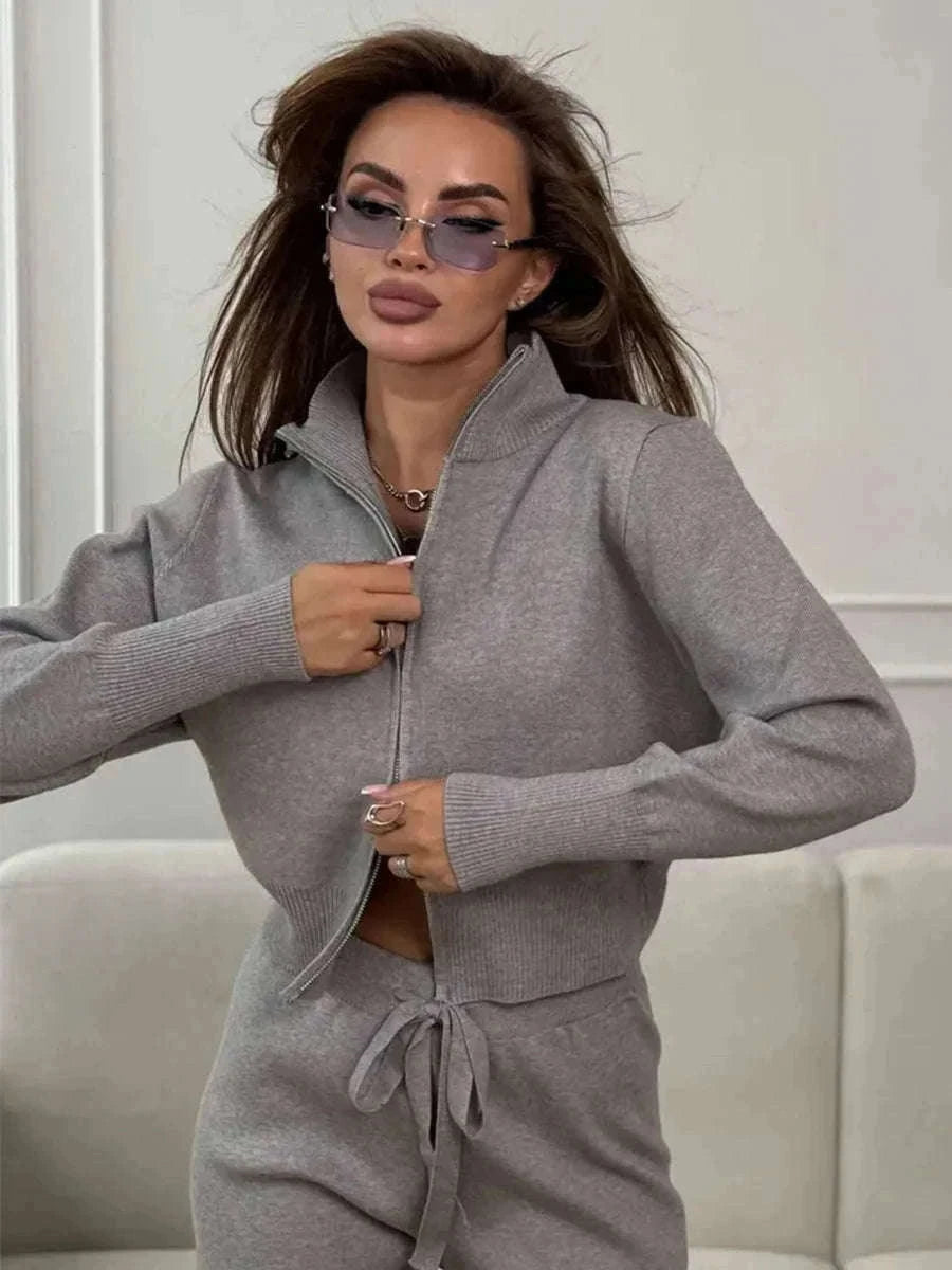 Women's Slim Fit Knit Sweater Set with Zip Cardigan & Wide Leg Pants-Light Coffee / L